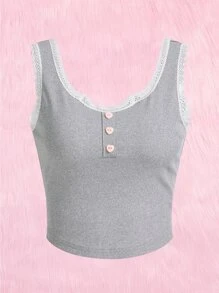 ROMWE Kawaii 蕾絲邊半排扣背心上衣 - 淺灰色 - 查看 1