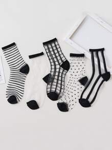 5pairs Clear Striped & Plaid Mesh Socks - Clear - View 1