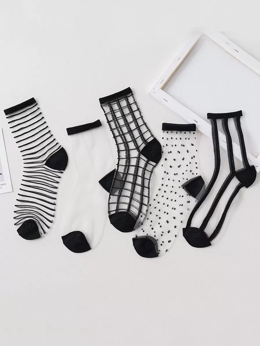 5pairs Clear Striped & Plaid Mesh Socks - Clear - View 1