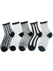 5pairs Clear Striped & Plaid Mesh Socks - Clear - View 3