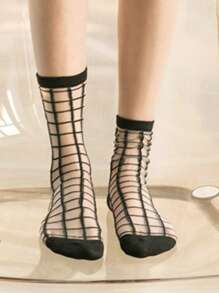 5pairs Clear Striped & Plaid Mesh Socks - Clear - View 4