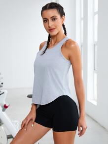 Solid Curved Hem Sports Tank Top - Light Grey - View 2