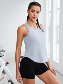 Solid Curved Hem Sports Tank Top - Light Grey - View 3