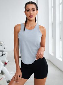 Solid Curved Hem Sports Tank Top - Light Grey - View 4
