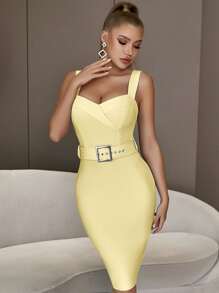素色腰帶緊身連衣裙 - 黃色 - 查看 1