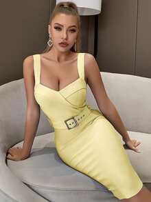 素色腰帶緊身連衣裙 - 黃色 - 查看 4