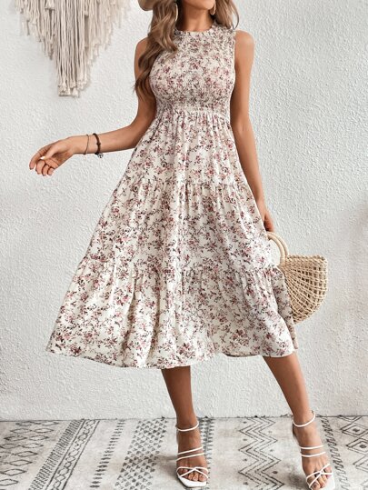 EMERY ROSE Allover Floral Print Layered Hem Dress Maxi Vacation Beach Outfits Women
