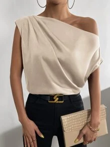 SHEIN Privé Solid Asymmetrical Neck Batwing Sleeve Satin Blouse - Khaki - View 2