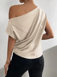 SHEIN Privé Solid Asymmetrical Neck Batwing Sleeve Satin Blouse - Khaki - View 3