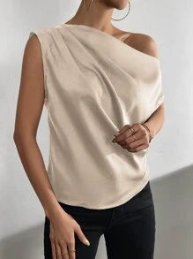 SHEIN Privé Solid Asymmetrical Neck Batwing Sleeve Satin Blouse - Khaki - View 4