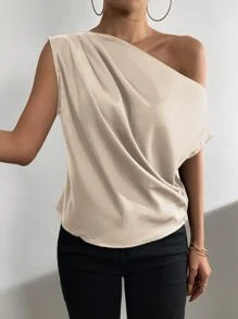 SHEIN Privé Solid Asymmetrical Neck Batwing Sleeve Satin Blouse - Khaki - View 5