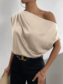 SHEIN Privé Solid Asymmetrical Neck Batwing Sleeve Satin Blouse - Khaki - View 6
