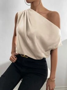 SHEIN Privé Solid Asymmetrical Neck Batwing Sleeve Satin Blouse - Khaki - View 7