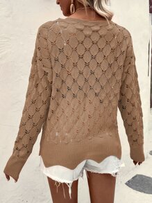 SHEIN VCAY Jersey unicolor de punto de malla de hombros caídos - Camel - Ver 2