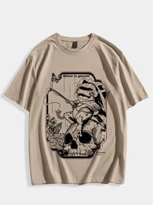 ROMWE MEN Academia 男士純棉青蛙與骷髏印花t恤 - 卡其色 - 查看 1