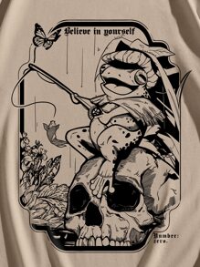 ROMWE MEN Academia 男士純棉青蛙與骷髏印花t恤 - 卡其色 - 查看 6