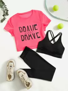 Yoga Trendy 3入組健身字母圖案鍛煉套裝運動套裝交叉運動型文胸圓領T恤條紋圖案腰緊身打底褲 - 彩色 - 查看 1