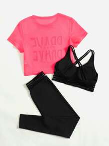 Yoga Trendy 3入組健身字母圖案鍛煉套裝運動套裝交叉運動型文胸圓領T恤條紋圖案腰緊身打底褲 - 彩色 - 查看 2