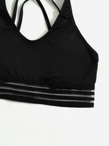 Yoga Trendy 3入組健身字母圖案鍛煉套裝運動套裝交叉運動型文胸圓領T恤條紋圖案腰緊身打底褲 - 彩色 - 查看 3