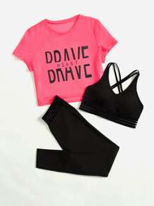 Yoga Trendy 3入組健身字母圖案鍛煉套裝運動套裝交叉運動型文胸圓領T恤條紋圖案腰緊身打底褲 - 彩色 - 查看 4