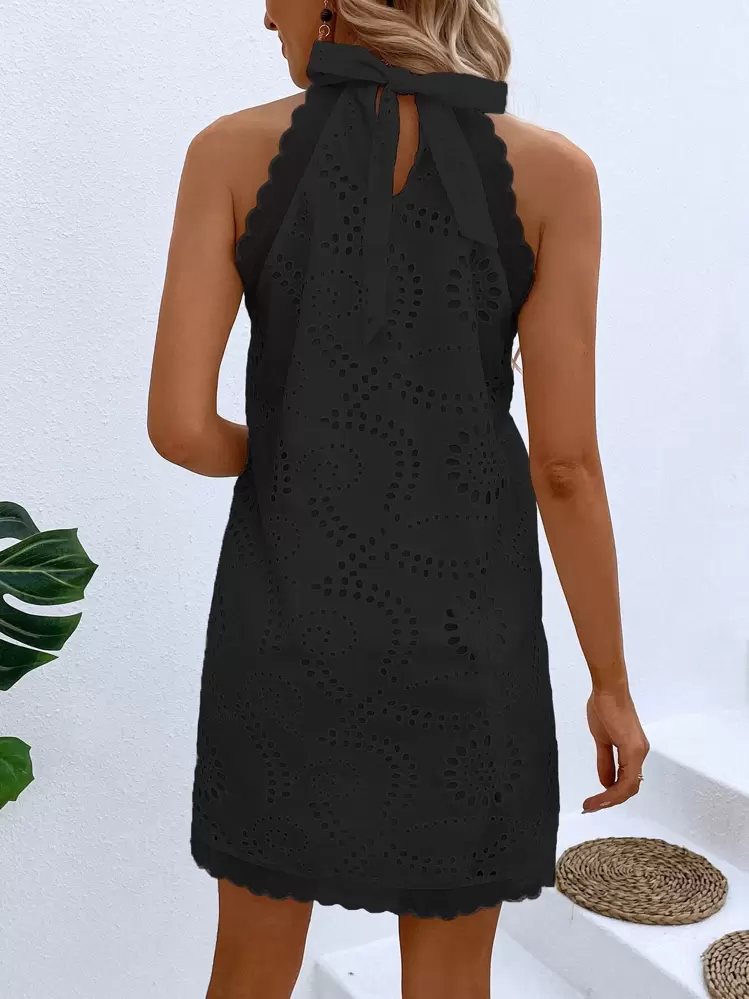 Breezaya Eyelet Embroidery Scallop Trim Halter Neck Dress Vacation Beach Outfits Women - Black - View 2