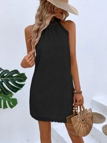 Breezaya Eyelet Embroidery Scallop Trim Halter Neck Dress Vacation Beach Outfits Women - Black - View 4
