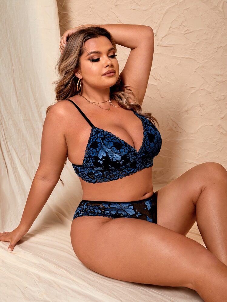 Plus Floral Lace Lingerie Set - Multicolor - View 1