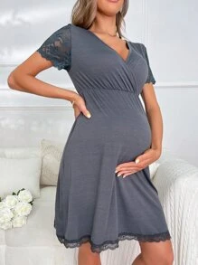 Moonlight&Mama Maternity Contrast Lace Surplice Neck Lounge Dress - Grey - View 1