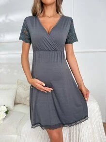 Moonlight&Mama Maternity Contrast Lace Surplice Neck Lounge Dress - Grey - View 3