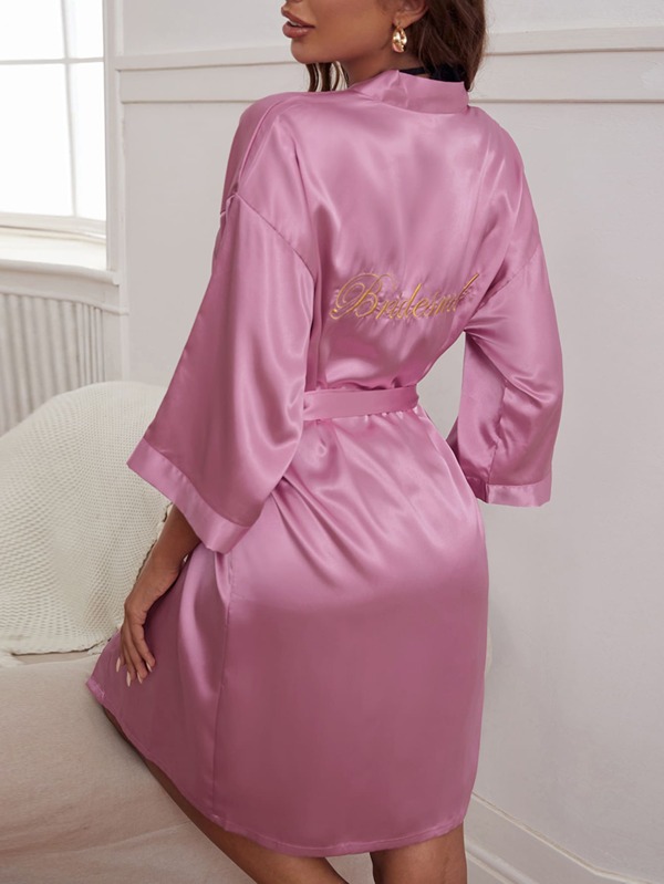 Letter Embroidery Belted Satin Robe SHEIN