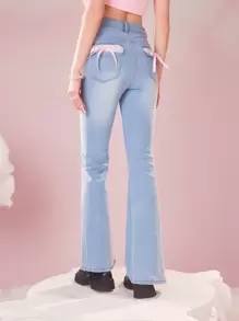 ROMWE Kawaii Bow Detail Flare Leg Jeans, School - Light Wash - View 1