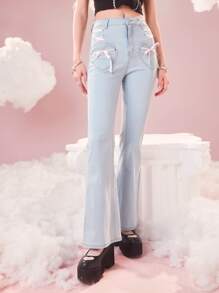 ROMWE Kawaii Quần jean nữ Nút Ren lên Túi Dây kéo màu trơn - Rửa nhẹ - Xem 1