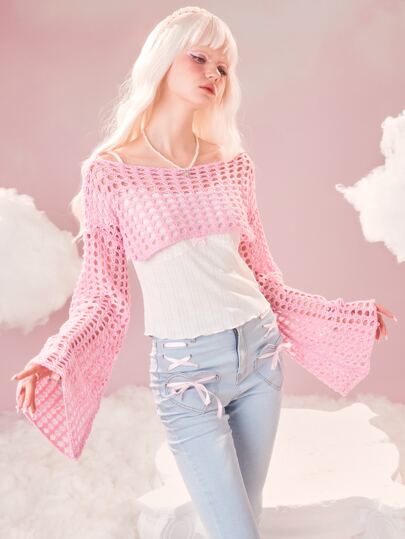 Kawaii Hollow Out Flounce Sleeve Jumper