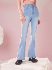 ROMWE Kawaii Bow Detail Flare Leg Jeans, School - Light Wash - View 2