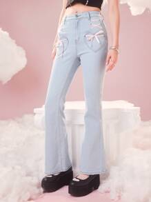 ROMWE Kawaii Quần jean nữ Nút Ren lên Túi Dây kéo màu trơn - Rửa nhẹ - Xem 2