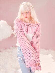 ROMWE Kawaii Women Sweaters Sheer Plain Seksi - Berwarna merah muda - View 2