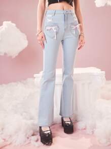 ROMWE Kawaii Quần jean nữ Nút Ren lên Túi Dây kéo màu trơn - Rửa nhẹ - Xem 3