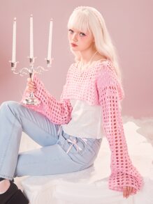 ROMWE Kawaii Women Sweaters Sheer Plain Seksi - Berwarna merah muda - View 3