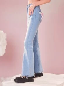 ROMWE Kawaii Bow Detail Flare Leg Jeans, School - Light Wash - View 4