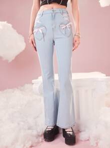 ROMWE Kawaii Quần jean nữ Nút Ren lên Túi Dây kéo màu trơn - Rửa nhẹ - Xem 4