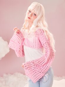 ROMWE Kawaii Women Sweaters Sheer Plain Seksi - Berwarna merah muda - View 4
