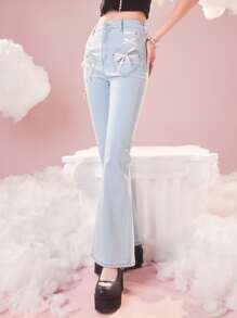 ROMWE Kawaii Quần jean nữ Nút Ren lên Túi Dây kéo màu trơn - Rửa nhẹ - Xem 5