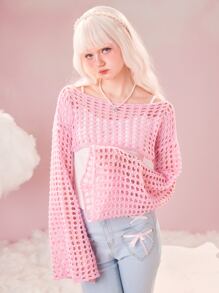 ROMWE Kawaii Women Sweaters Sheer Plain Seksi - Berwarna merah muda - View 5