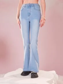 ROMWE Kawaii Bow Detail Flare Leg Jeans, School - Light Wash - View 6