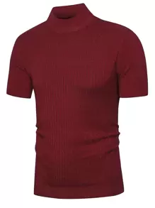 Men Mock Neck Cable Knit Top - Burgundy - View 1