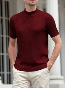 Men Mock Neck Cable Knit Top - Burgundy - View 3