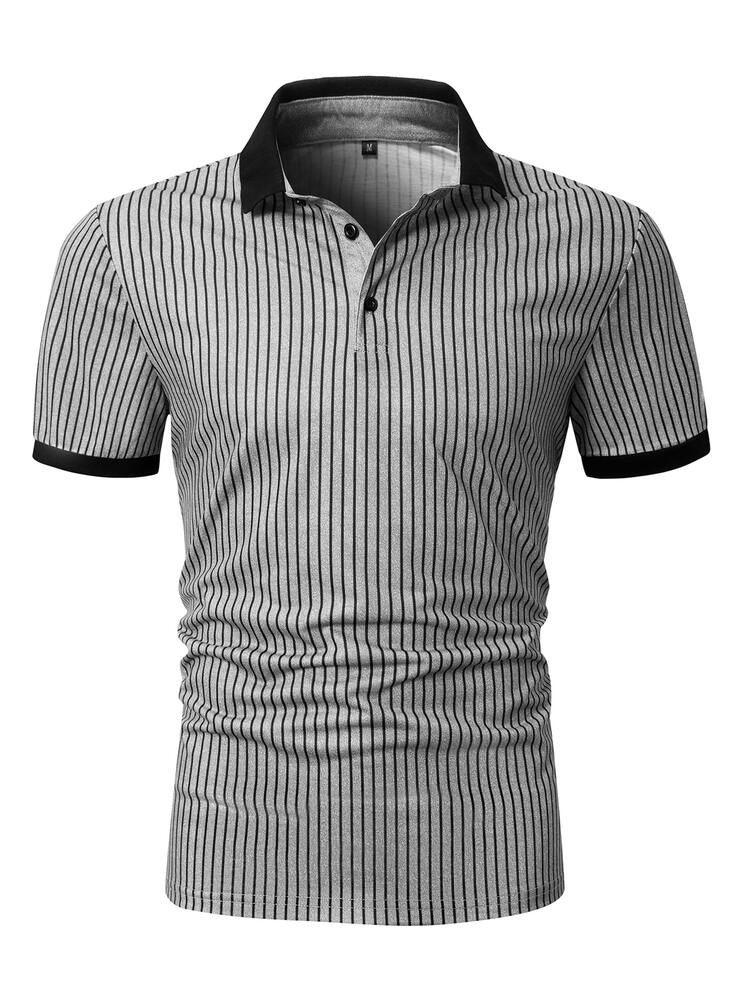 Manfinity Men Striped Print Contrast Trim Polo Shirt - Grey - View 3