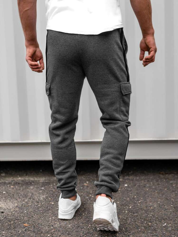 Manfinity Homme 男士撞色侧缝翻盖口袋慢跑运动裤，外出休闲纯色深灰色慢跑运动裤，适合送给老公、男朋友的礼物 - 深灰色 - 查看 2