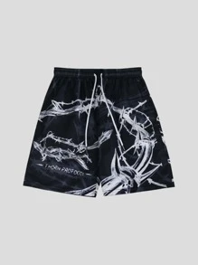 ROMWE MEN Goth 男士字母刺圖案腰部抽繩短褲 - 黑色 - 查看 1