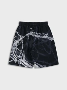 ROMWE MEN Goth 男士字母刺圖案腰部抽繩短褲 - 黑色 - 查看 2